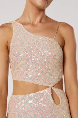 Winona Indeko One shoulder Sequin Midi Dress Pearlescent Peach Size 6  for rent on The Volte - image 3