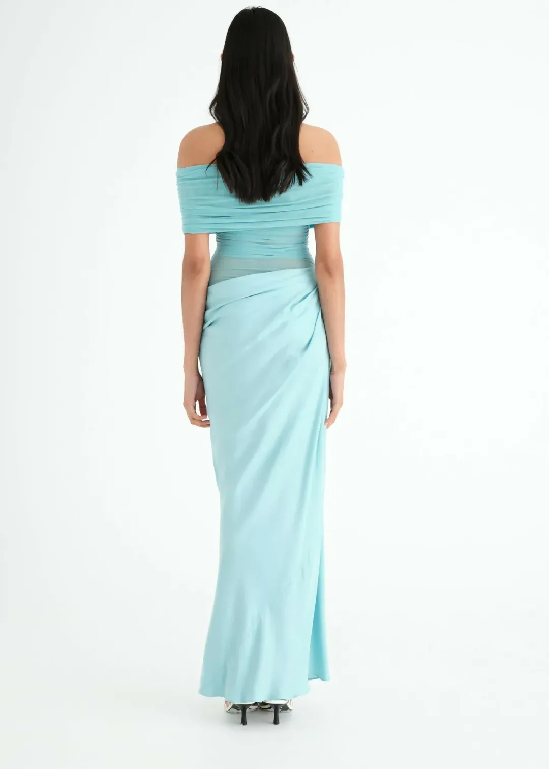 BENNI Nico Off Shoulder Maxi Dress Aquamarine Size 6  for rent on The Volte - main image