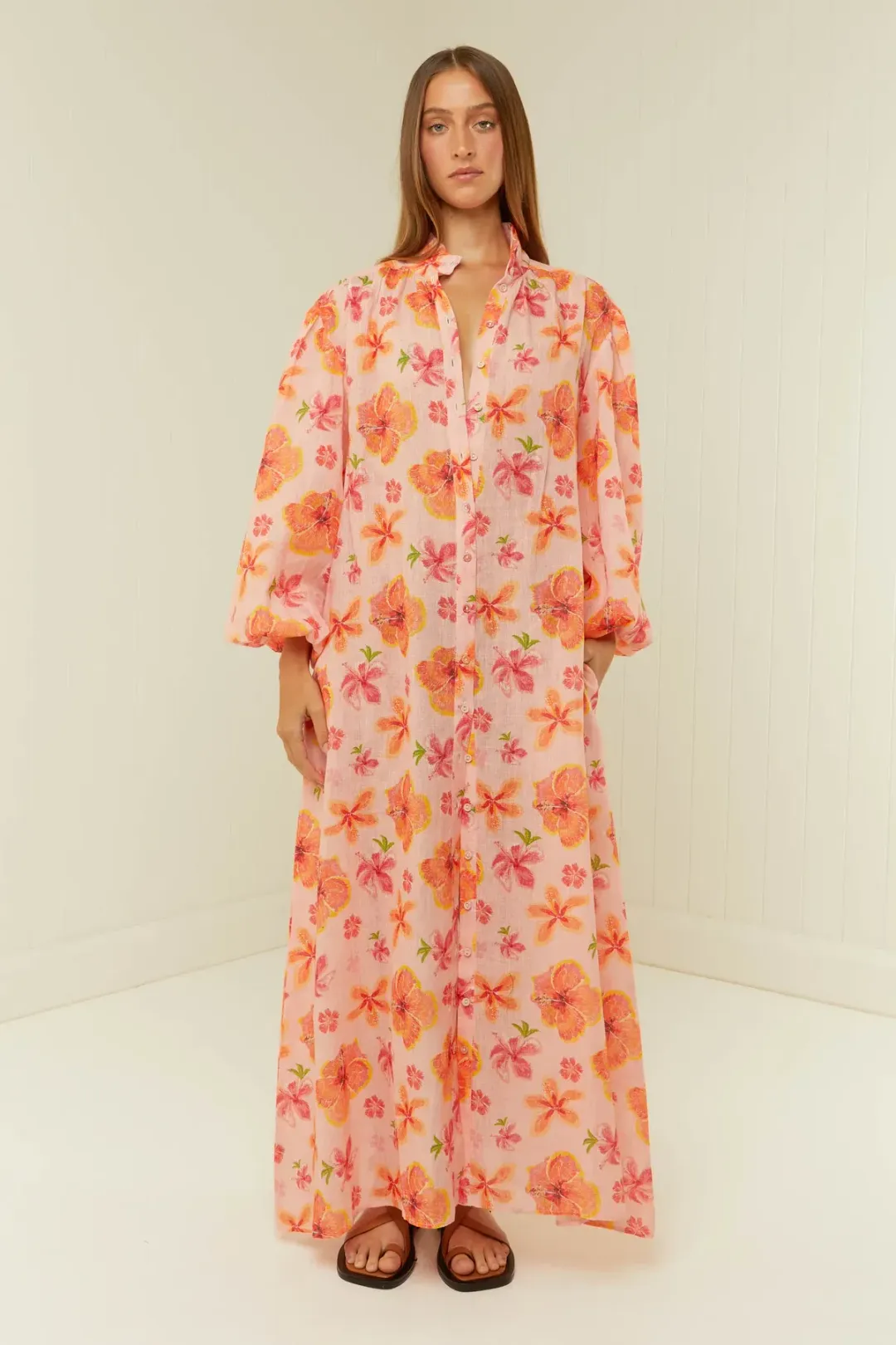 Palm Noosa Noddy Spanish Hibiscus Linen Maxi Dress Floral Size 12 for rent on The Volte - main image