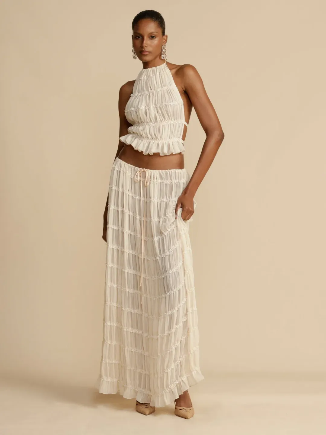 Arcina Ori Juliette Halter Top & Maxi Skirt Set Warm Cream Size S / AU 8 for rent on The Volte - main image