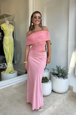BENNI Nico Off Shoulder Maxi Dress in Candy Floss Pink Size AU 8 for rent on The Volte - image 1