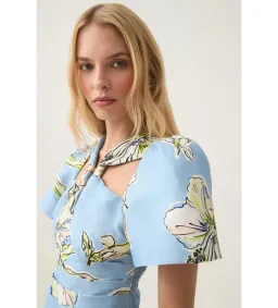 Aje Presence Twisted Mini Dress Blue Hibiscus Print Size AU 10 for rent on The Volte - image 3