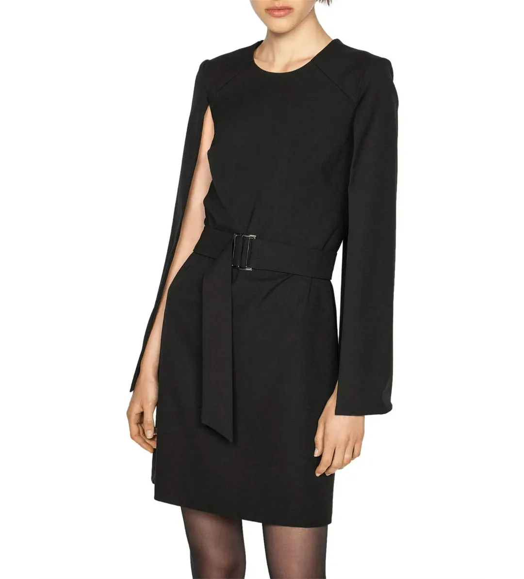 Cue Cape Sleeve Belted Dress Black Size AU 10 for rent on The Volte - main image