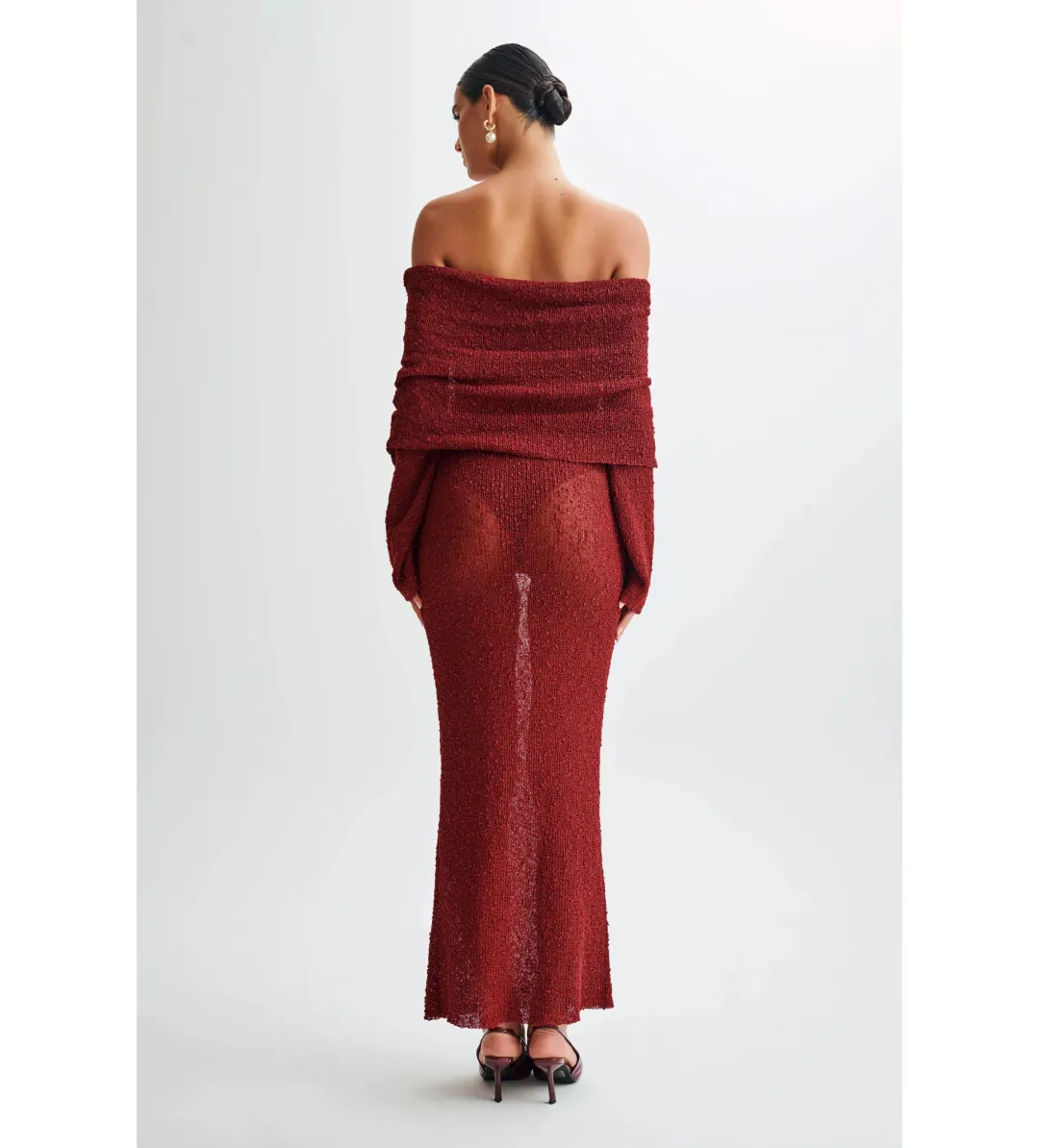 Meshki Marisol Off Shoulder Boucle Maxi Dress Red Size AU 6 for rent on The Volte - main image