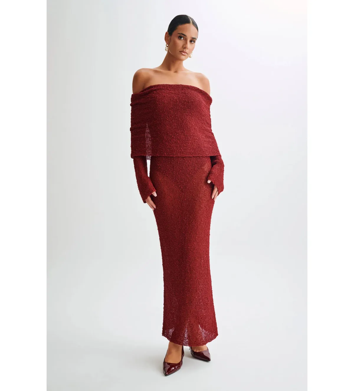 Meshki Marisol Off Shoulder Boucle Maxi Dress Red Size AU 6 for rent on The Volte - main image