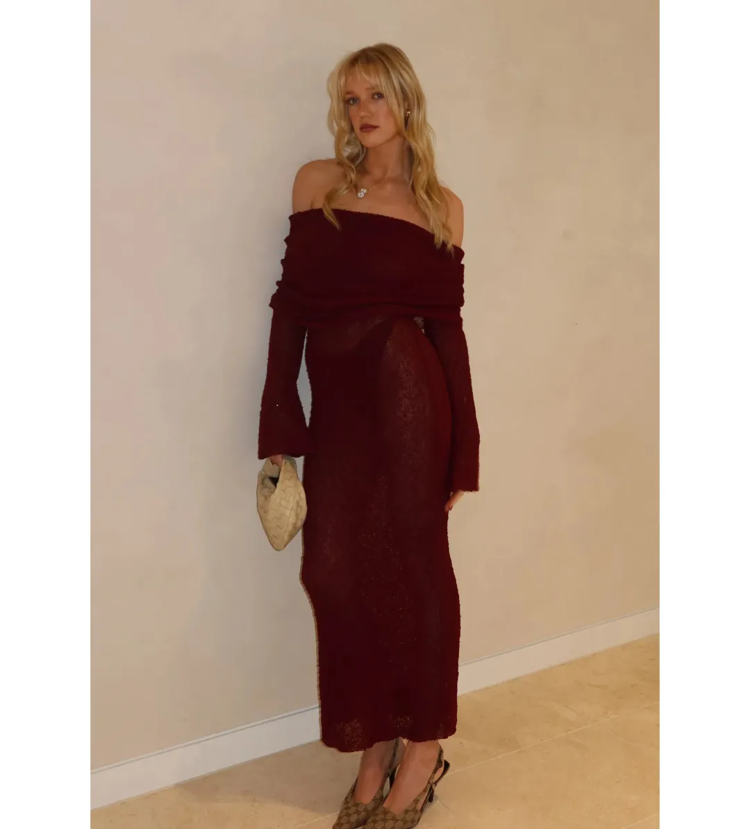 Meshki Marisol Off Shoulder Boucle Maxi Dress Red Size AU 6 for rent on The Volte - main image