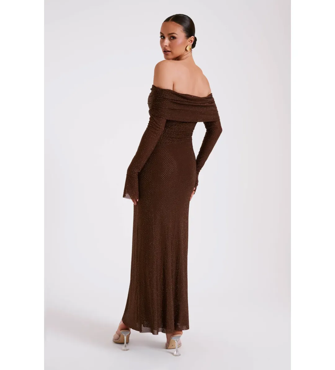 Meshki Marcel Off Shoulder Diamante Maxi Dress Brown Size AU 10 for rent on The Volte - main image