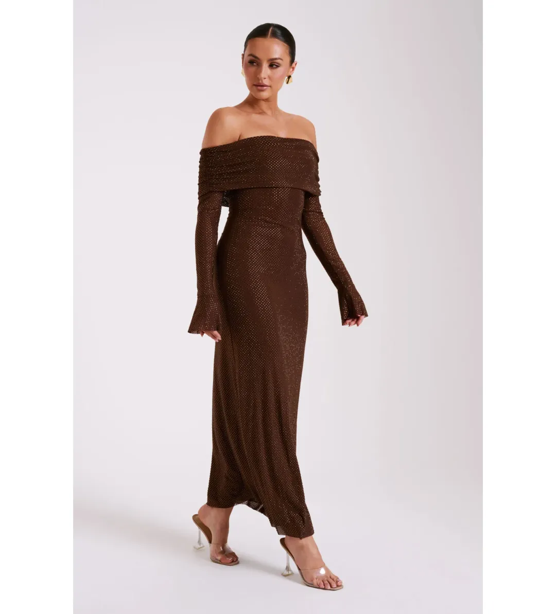 Meshki Marcel Off Shoulder Diamante Maxi Dress Brown Size AU 10 for rent on The Volte - main image