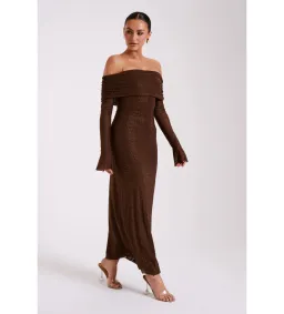 Meshki Marcel Off Shoulder Diamante Maxi Dress Brown Size AU 10 for rent on The Volte - image 2