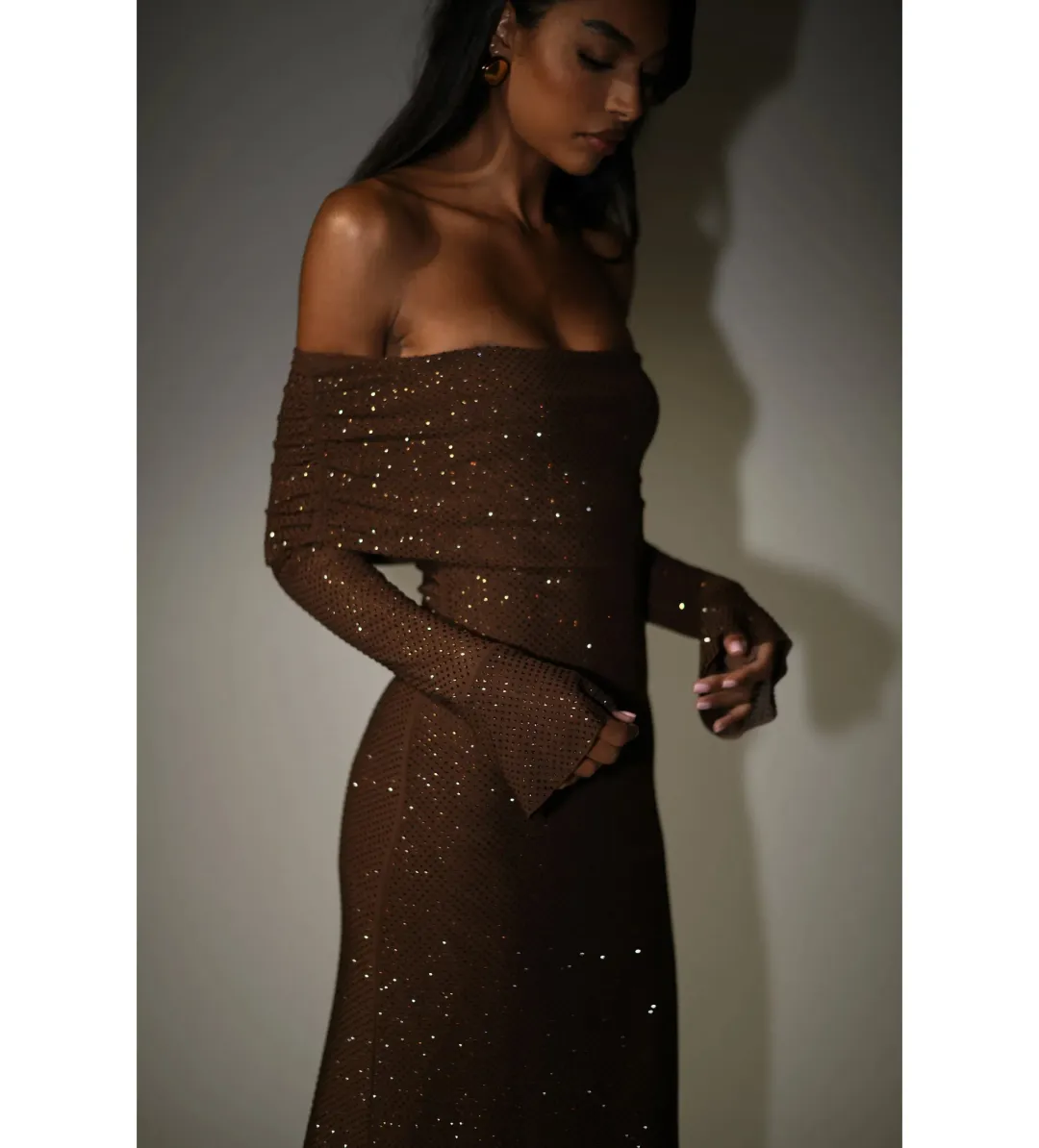 Meshki Marcel Off Shoulder Diamante Maxi Dress Brown Size AU 10 for rent on The Volte - main image