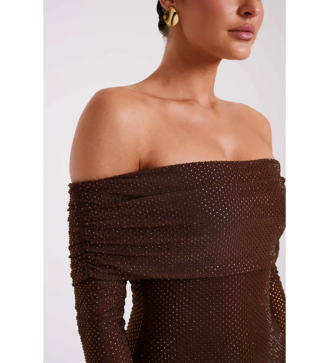 Meshki Marcel Off Shoulder Diamante Maxi Dress Brown Size AU 10 for rent on The Volte - main image