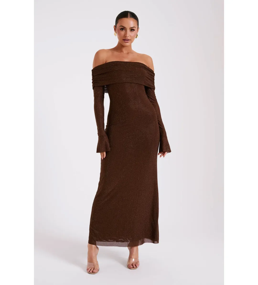 Meshki Marcel Off Shoulder Diamante Maxi Dress Brown Size AU 10 for rent on The Volte - main image