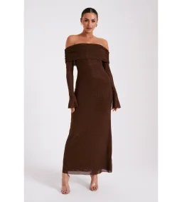 Meshki Marcel Off Shoulder Diamante Maxi Dress Brown Size AU 10 for rent on The Volte - image 1
