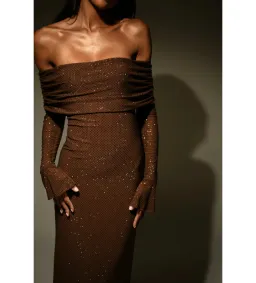 Meshki Marcel Off Shoulder Diamante Maxi Dress Brown Size AU 10 for rent on The Volte - image 10