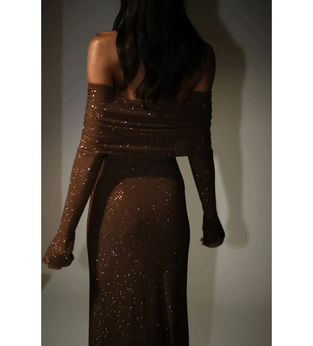 Meshki Marcel Off Shoulder Diamante Maxi Dress Brown Size AU 10 for rent on The Volte - main image