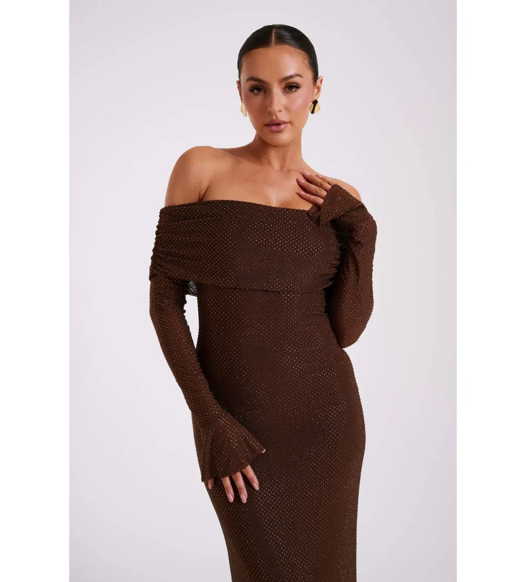 Meshki Marcel Off Shoulder Diamante Maxi Dress Brown Size AU 10 for rent on The Volte - main image