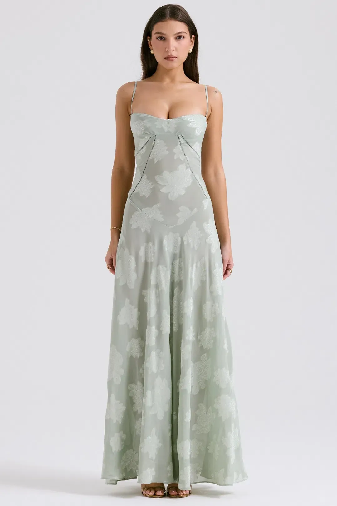 House of CB Seren Lace Back Maxi Dress Pistachio Floral Size XS / AU 6 for rent on The Volte - main image