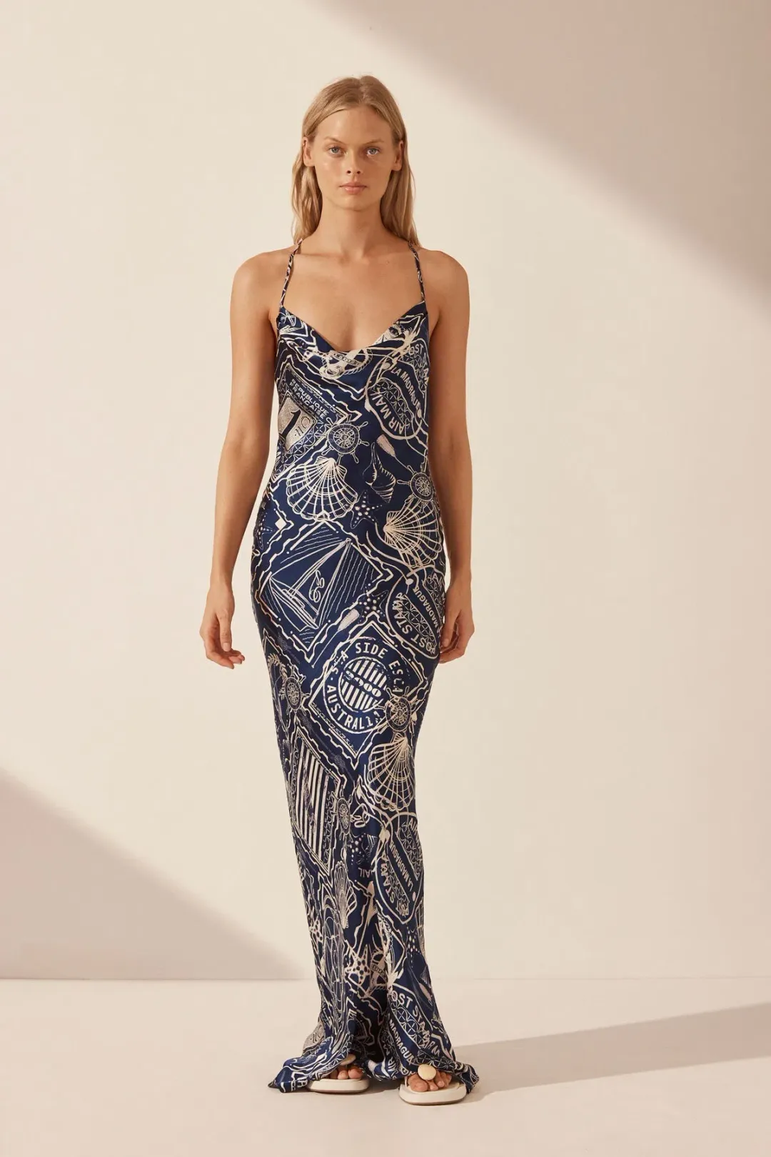 Shona Joy Mer Silk Double Cowl Bias Maxi Dress Navy/Ivory Print Size 6 for rent on The Volte - main image