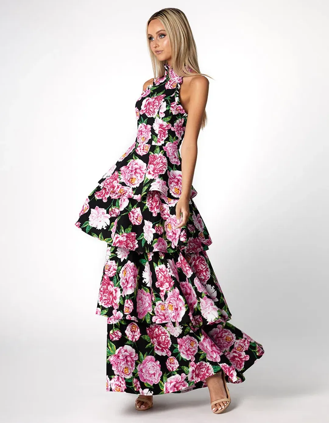 Bariano Elara High Neck Tiered Maxi Dress Floral Size 10 for rent on The Volte - main image