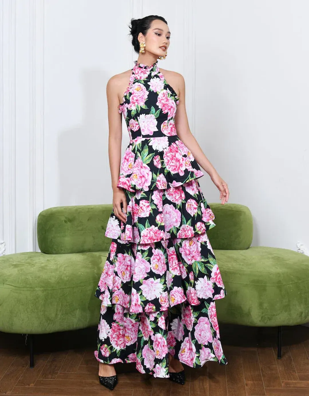 Bariano Elara High Neck Tiered Maxi Dress Floral Size 10 for rent on The Volte - main image