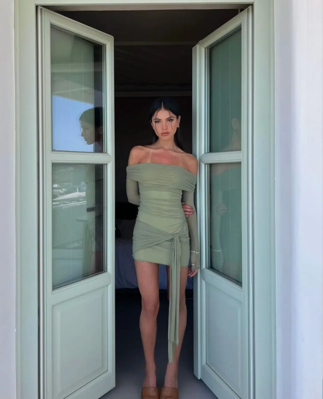 Benni Yasmin Off Shoulder Mini Dress Pistachio Size AU 8 for rent on The Volte - main image