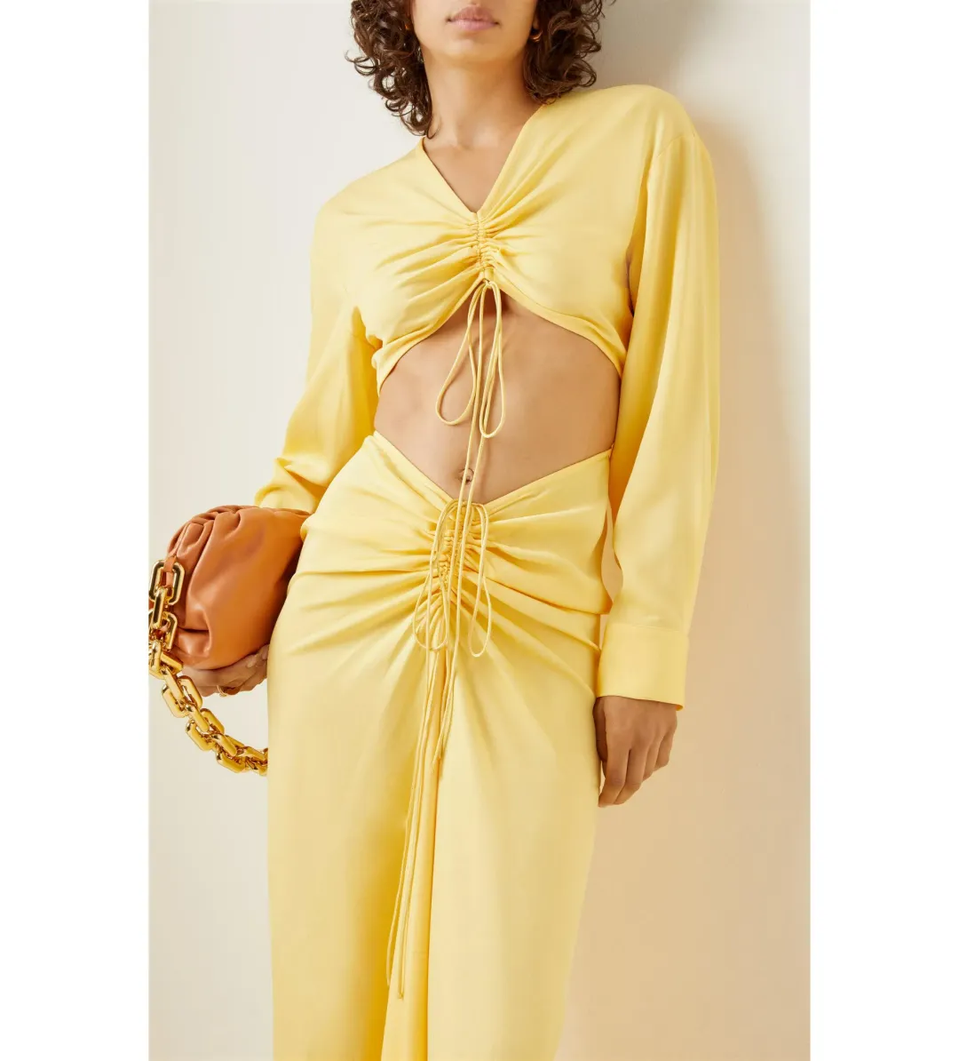 Christopher Esber Ruched Crop and Skirt In Chalky Yellow Size AU 8 for rent on The Volte - main image