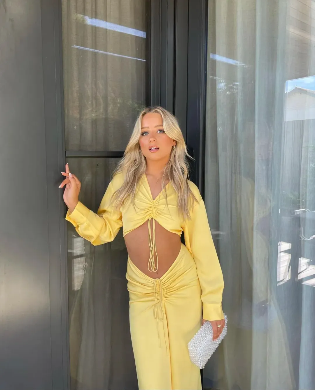 Christopher Esber Ruched Crop and Skirt In Chalky Yellow Size AU 8 for rent on The Volte - main image