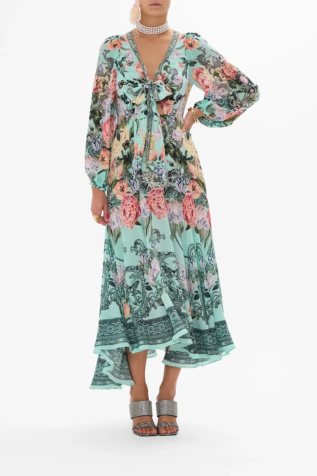 Camilla Wrap Tie Dress with Blouson Sleeve Petal Promise Land Size S / AU 10 for rent on The Volte - main image