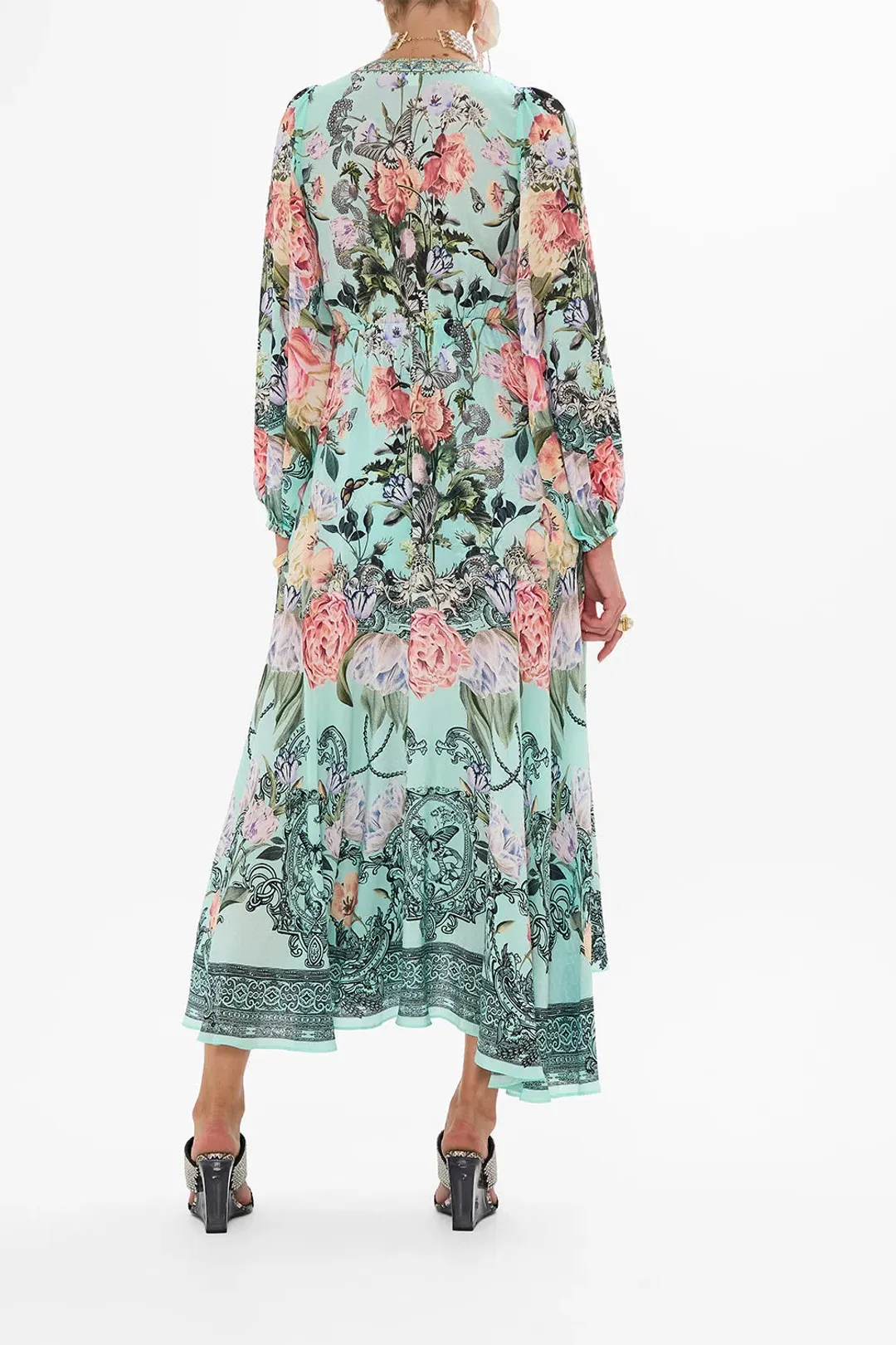 Camilla Wrap Tie Dress with Blouson Sleeve Petal Promise Land Size S / AU 10 for rent on The Volte - main image