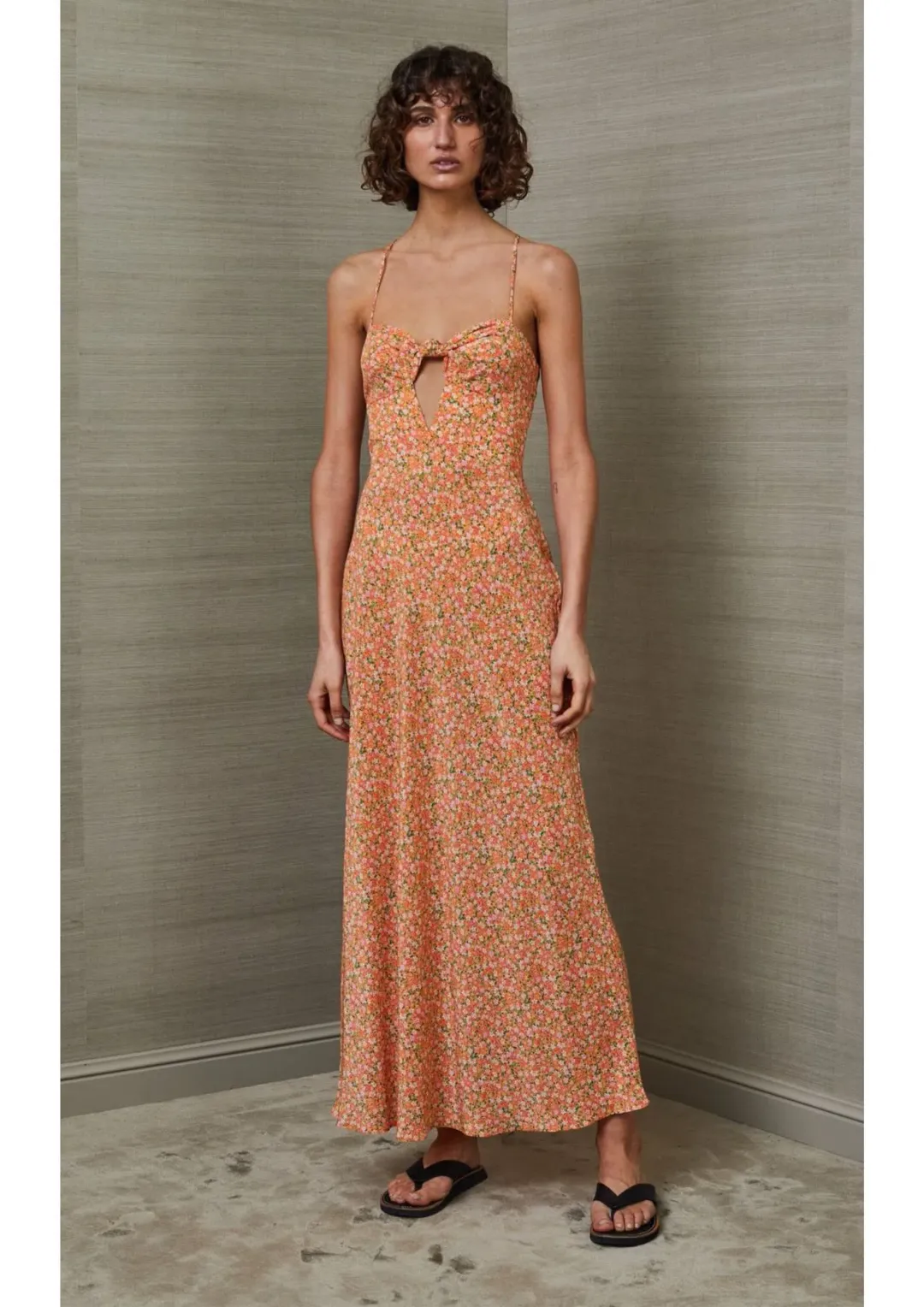 Bec & Bridge Rosie Silk Cut Out Tie Front Midi Dress Orange Floral Size 8 for rent on The Volte - main image