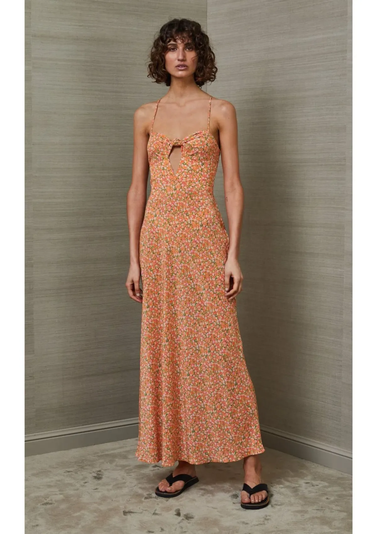 Bec & Bridge Rosie Silk Cut Out Tie Front Midi Dress Orange Floral Size 8 for rent on The Volte - main image