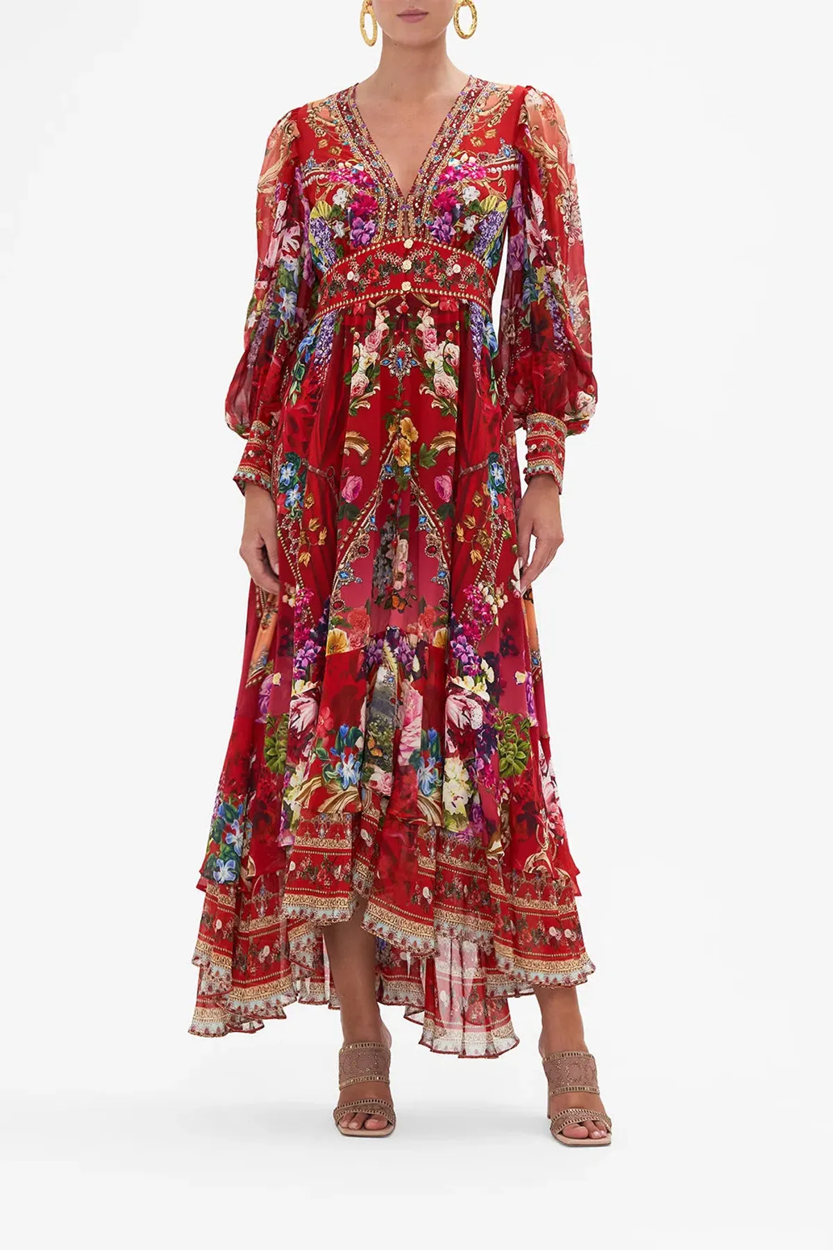 Camilla Red Long Button Front Dress ‘Rites of Roses’ Size S / AU 10 for rent on The Volte - main image