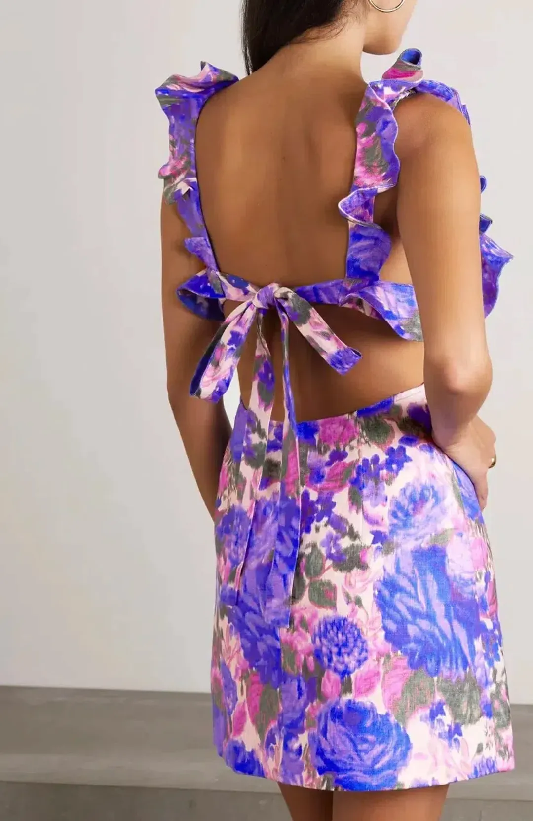 Zimmermann High Tide Frilled Mini Dress in Purple Ikat Floral Size 0 / AU 8 for rent on The Volte - main image