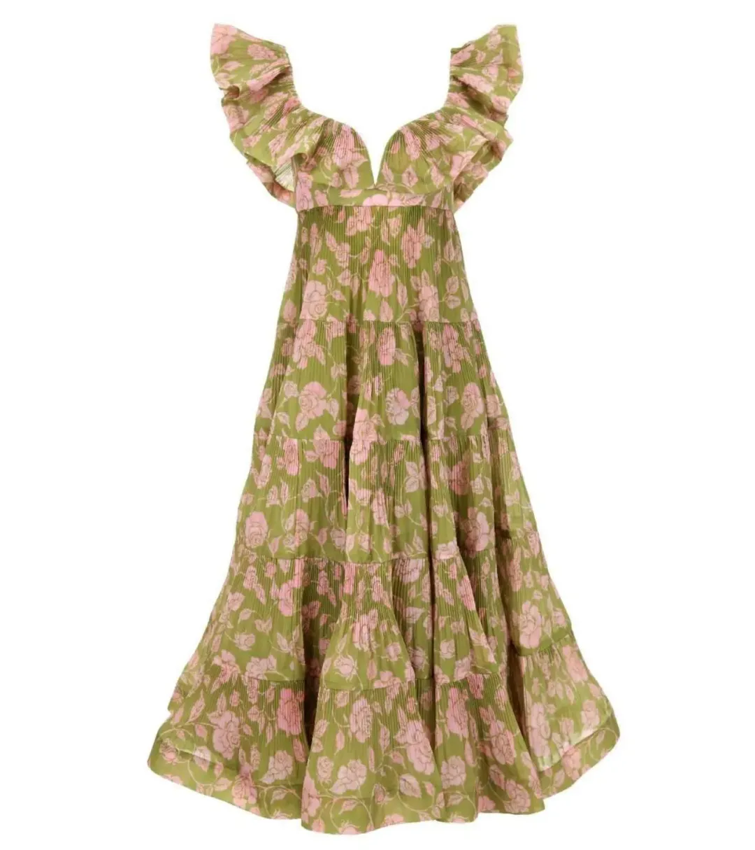 Zimmermann Lovestruck Pleated Gown Olive and Pink Rose Size 2 / AU 8-10 for rent on The Volte - main image