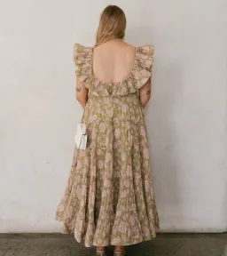 Zimmermann Lovestruck Pleated Gown Olive and Pink Rose Size 2 / AU 8-10 for rent on The Volte - image 2