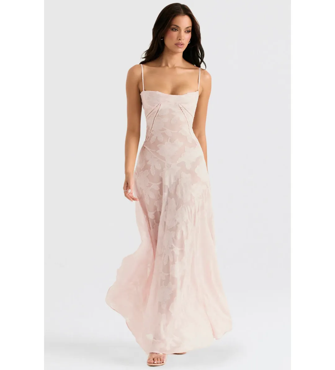 House Of Cb Seren Lace Back Maxi Dress Soft Pink Floral Size 10 for rent on The Volte - main image