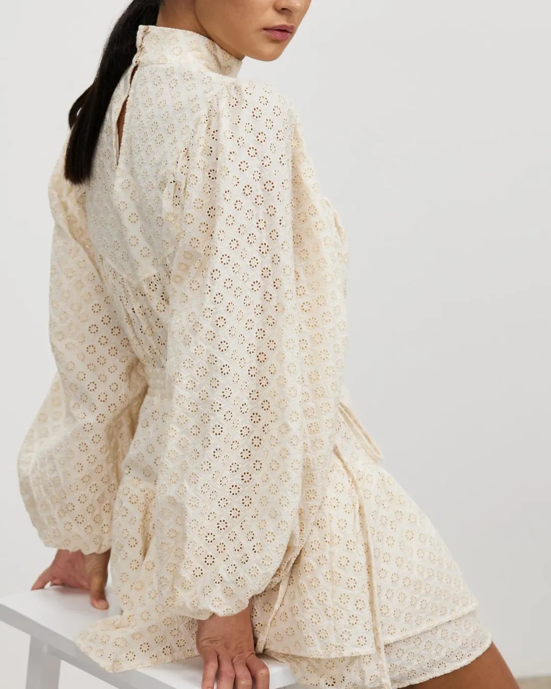 Shona Joy Poppy High Neck Balloon Sleeve Mini Dress Beige Size 10  for rent on The Volte - main image