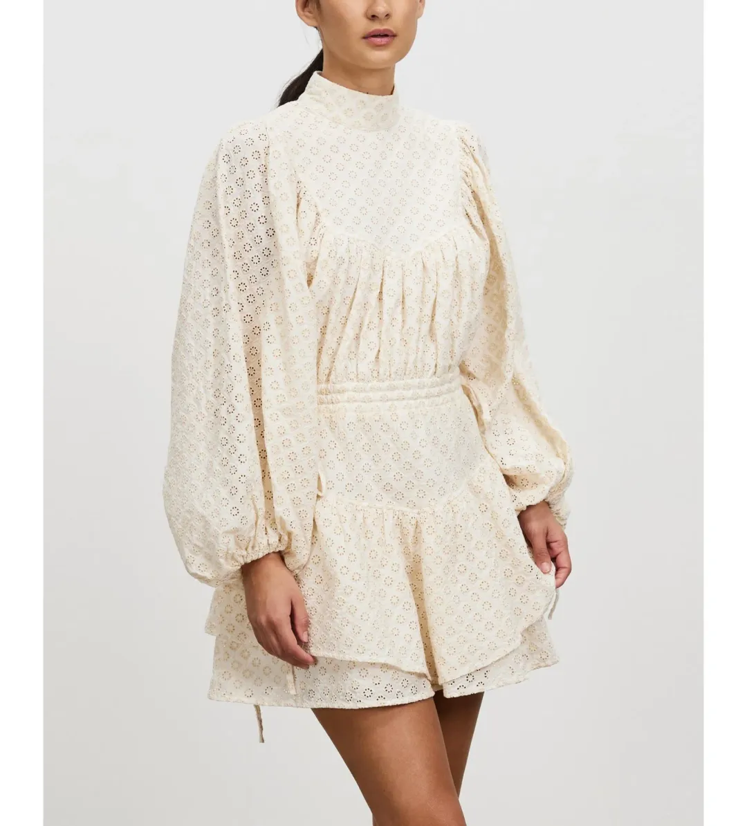 Shona Joy Poppy High Neck Balloon Sleeve Mini Dress Beige Size 10  for rent on The Volte - main image