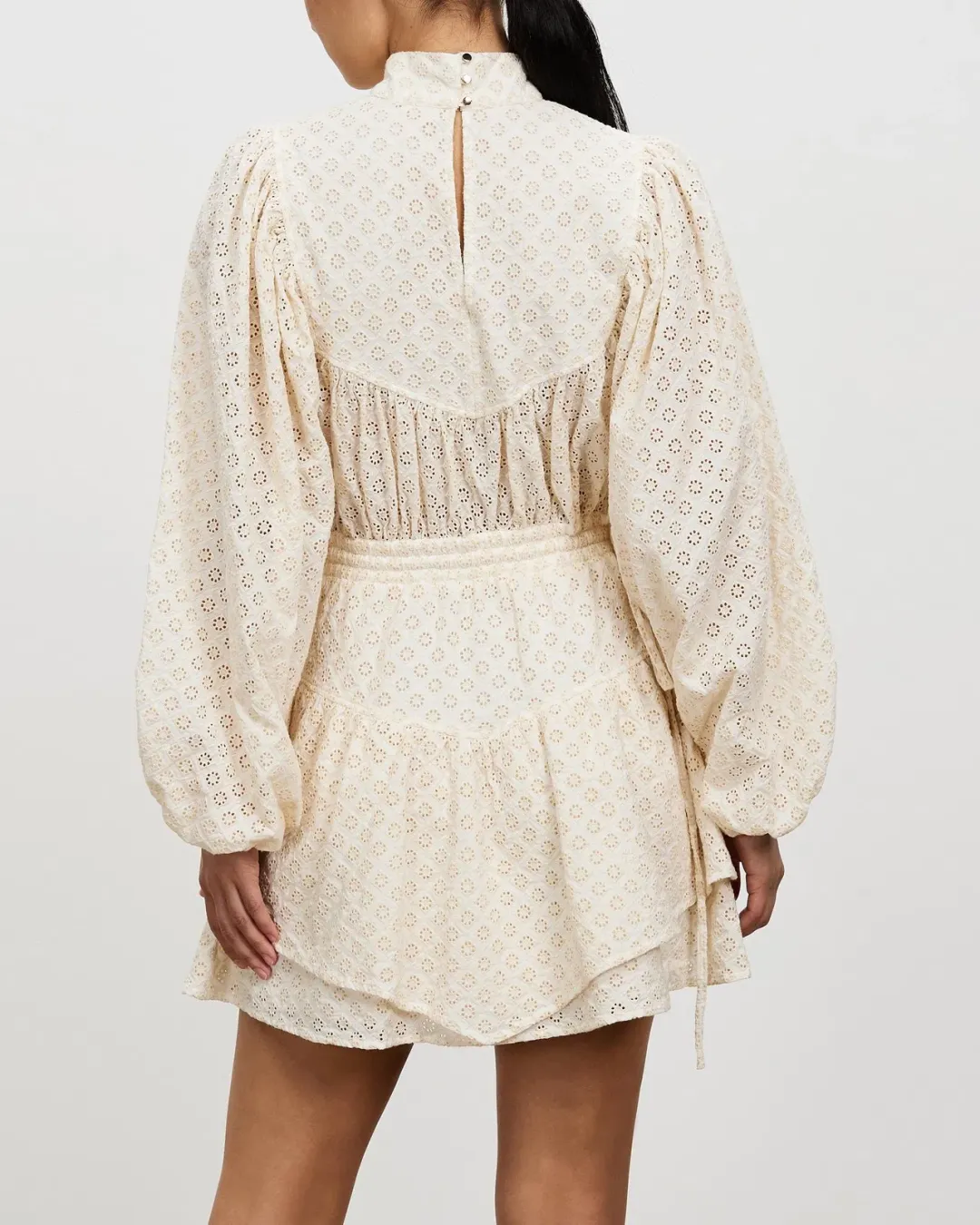 Shona Joy Poppy High Neck Balloon Sleeve Mini Dress Beige Size 10  for rent on The Volte - main image