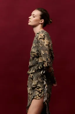 Shona Joy Hadiya Asymmetrical Long Sleeve Ruffle Maxi Dress in Hadiya Snake Print Size AU 8 for rent on The Volte - image 5