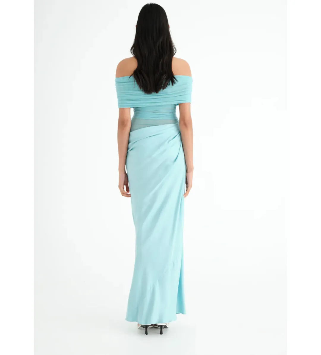 Benni Nico Off Shoulder Maxi Dress in Aquamarine Size AU 4 for rent on The Volte - main image