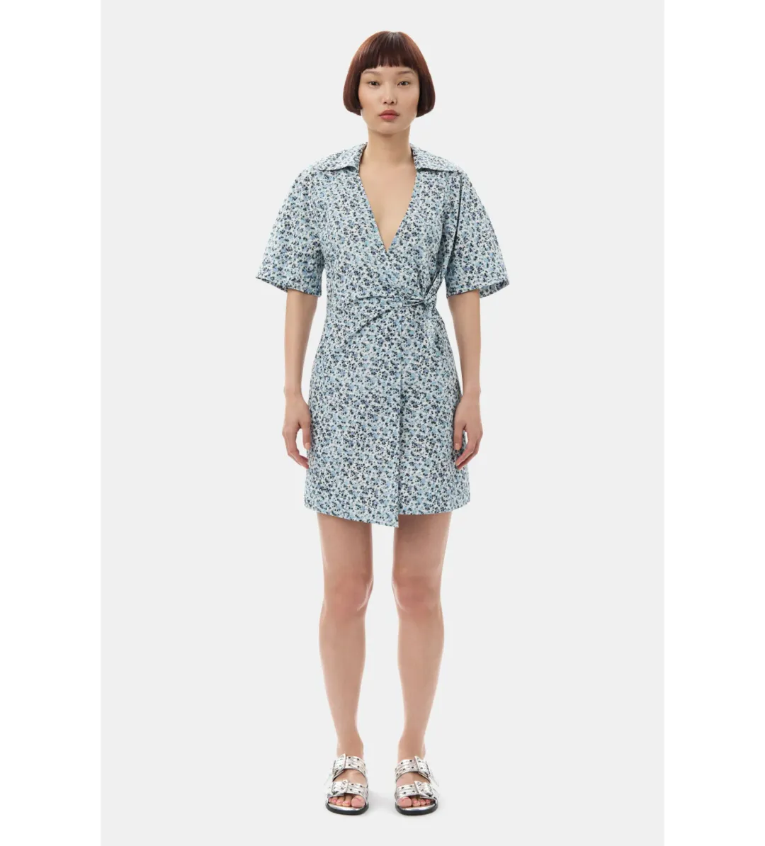Ganni Blue Floral Printed Cotton Wrap Mini Dress in Glacier Lake Size AU 10  for rent on The Volte - main image
