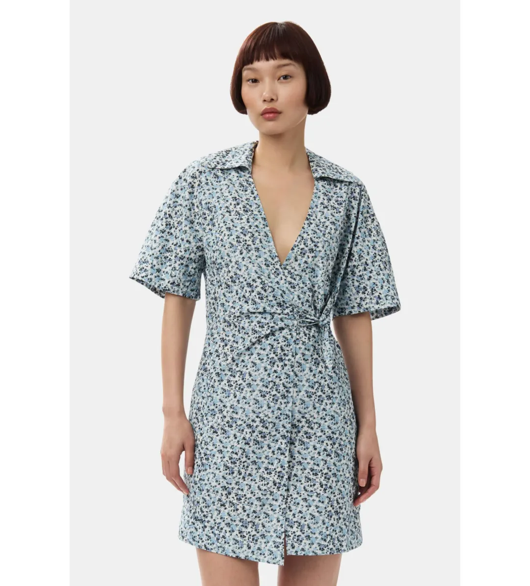 Ganni Blue Floral Printed Cotton Wrap Mini Dress in Glacier Lake Size AU 10  for rent on The Volte - main image