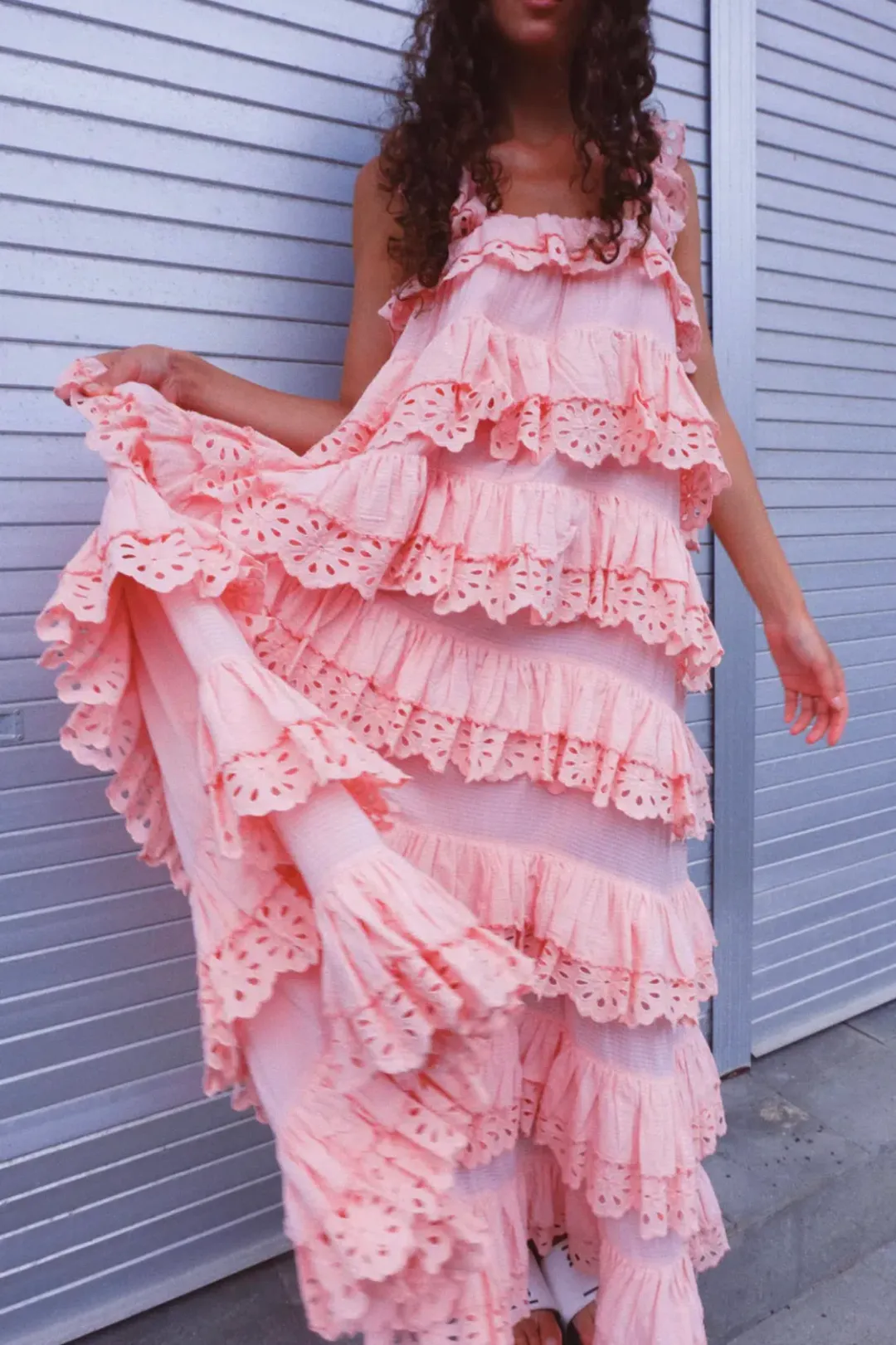 Innika Choo Schiffli Scallop Frill Maxi Dress Pink One Size for rent on The Volte - main image