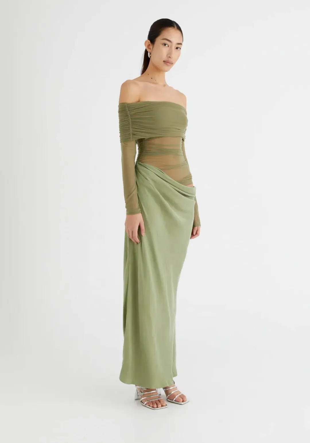 Benni Yasmin Off Shoulder Maxi Dress Pistachio Green Size 10 for rent on The Volte - main image