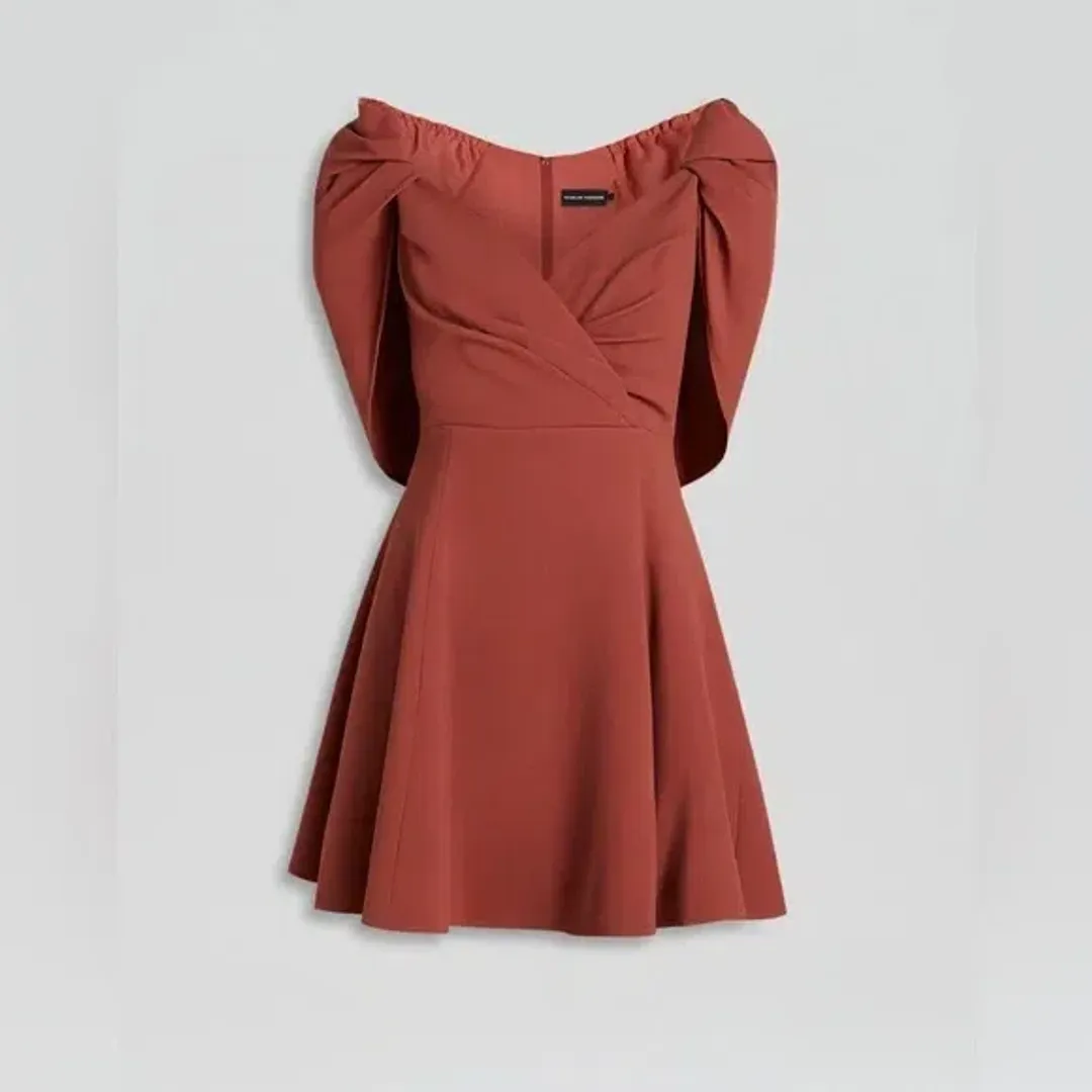 Scanlan Theodore Cape Sleeve Mini Dress Sepia Size 8 for rent on The Volte - main image