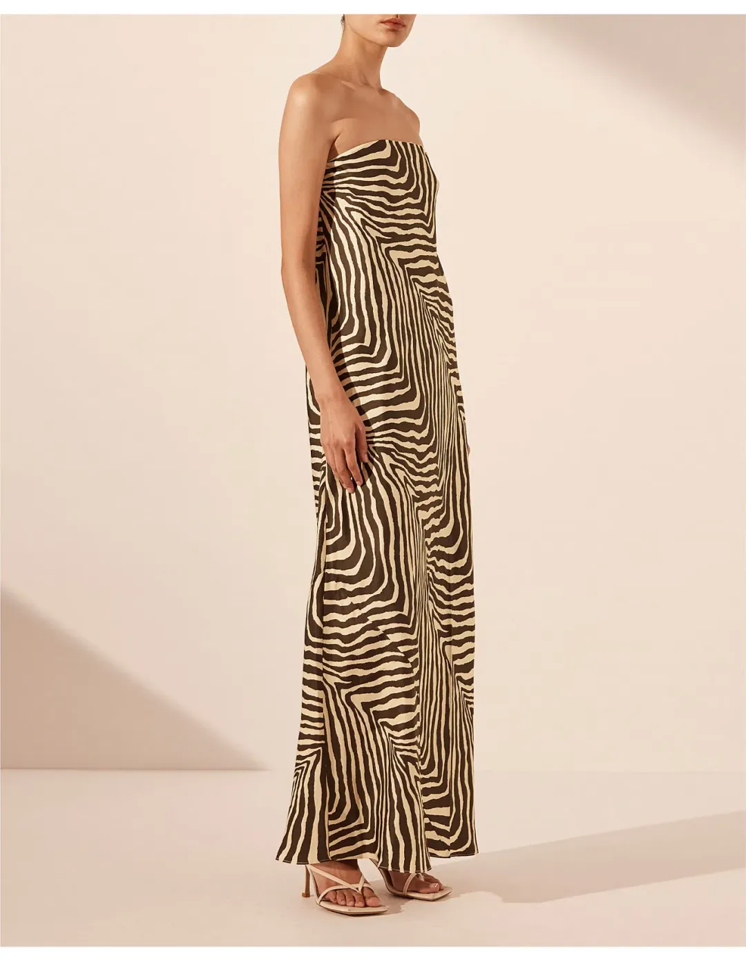 Shona Joy Sana Zebra Silk Strapless Bias Maxi Dress Bone/Chocolate Size 10 for rent on The Volte - main image