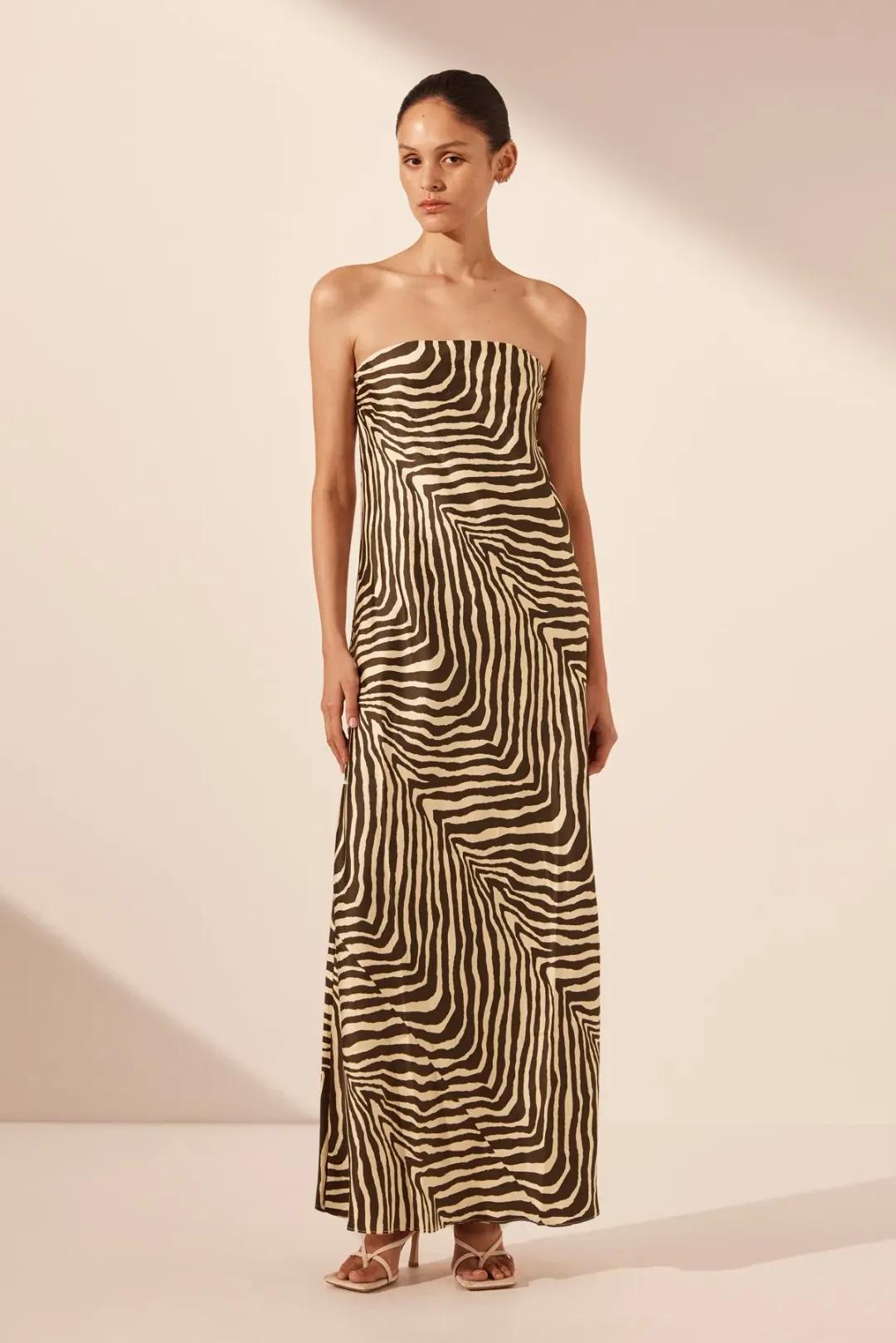 Shona Joy Sana Zebra Silk Strapless Bias Maxi Dress Bone/Chocolate Size 10 for rent on The Volte - main image
