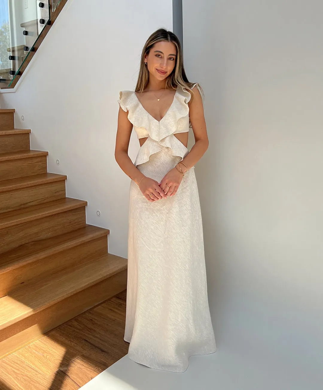 Cienti the Label Flounce Maxi Dress Beige Size 6 for rent on The Volte - main image