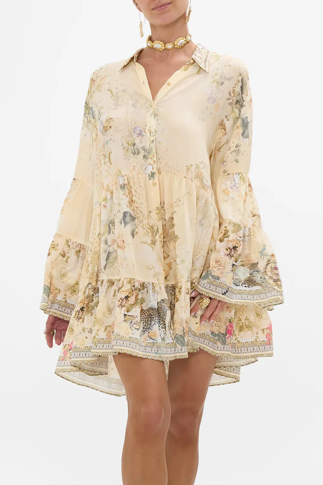Camilla Tiered Mini Dress With Collar Adorned In Antiquity Size S / AU 10 for rent on The Volte - main image